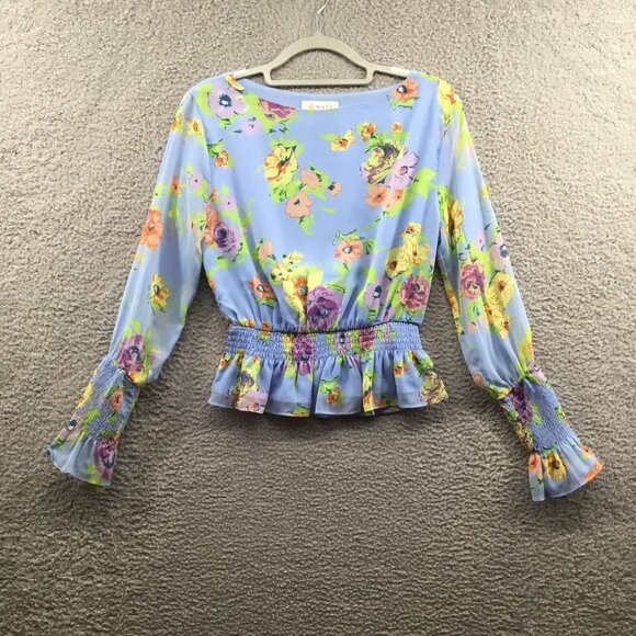 WAYF Smocked Cuff Floral Blouse Blue S - Picture 2 of 5